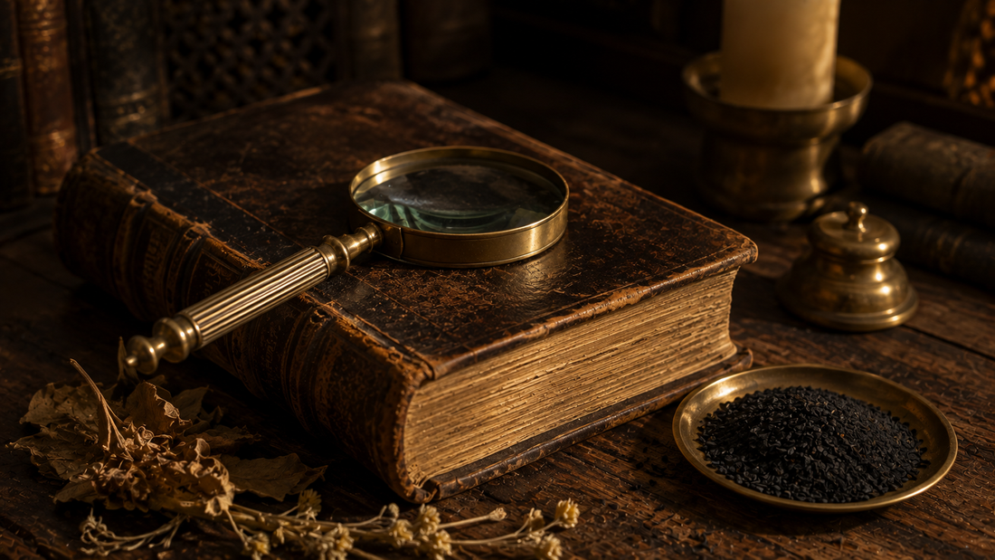 Aged leather-bound book with worn page edges beside a brass magnifying glass, a dish of black seeds and dried botanical fragments in warm lamplight