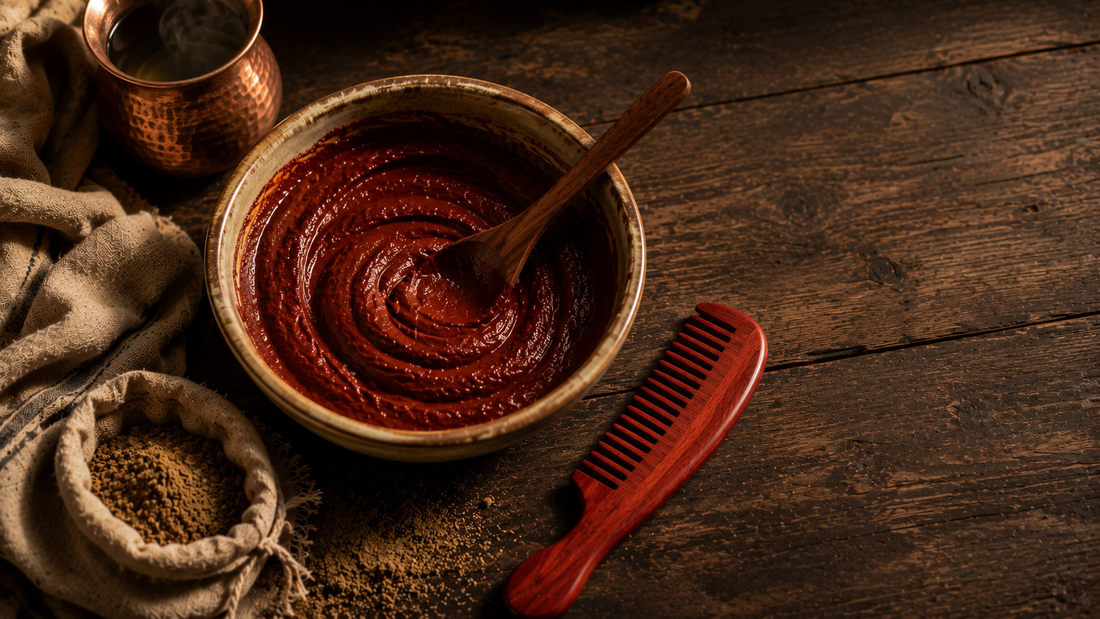 Bowl of Al-Meshat herbal hair blend being mixed into a paste with a wooden spoon, beside a traditional wooden comb and linen pouch