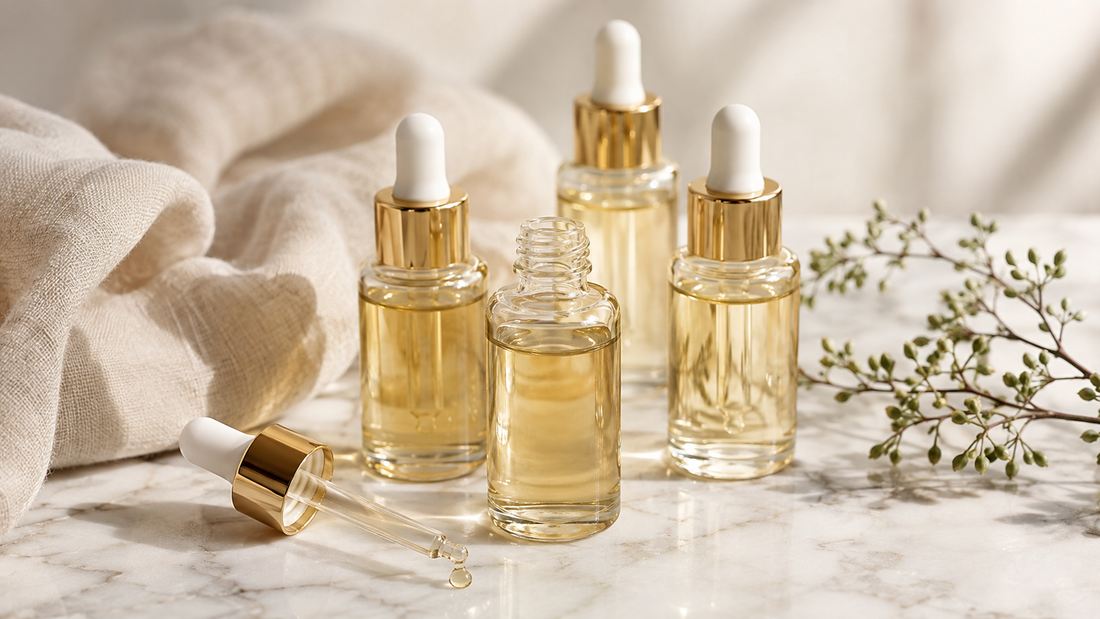 Light botanical face and skin oil bottles with glass droppers on a pale marble surface with linen