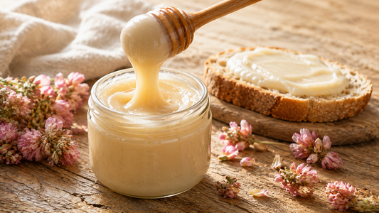 Jar of thick ivory-white creamy sainfoin honey with a wooden spoon lifting a dense ribbon, with pink sainfoin blossoms
