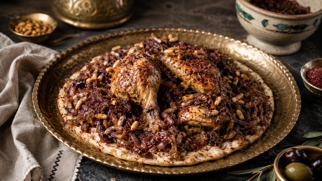 Musakhan — roast chicken over flatbread with sumac onions and toasted pine nuts.