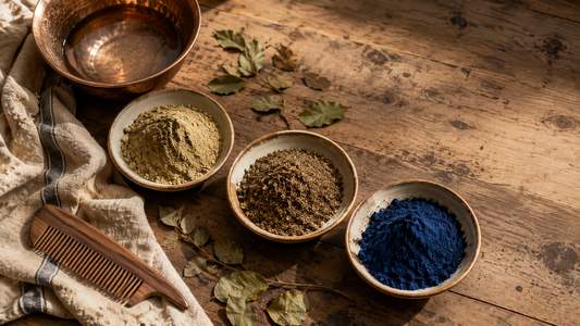 Three bowls of traditional hair powders — Sidr, Al-Meshat herbal blend and blue Nila — with a wooden comb and copper water bowl