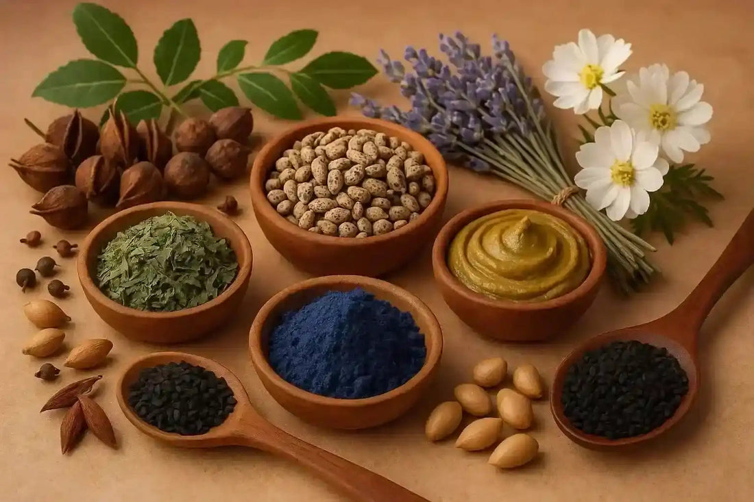 Assorted natural herbs, seeds, powders and flowers in wooden bowls for organic skincare