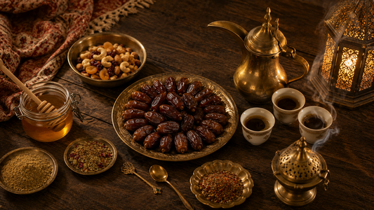 Overhead festive arrangement of dates, brass coffee pot and cups, nuts, honey and spice bowls with a glowing lantern