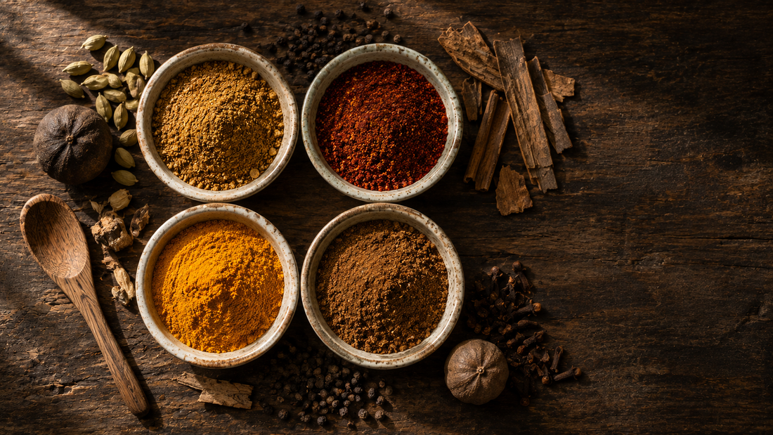 Four bowls of Middle Eastern spice blends in golden, red, turmeric and brown tones with whole cardamom, dried lime and cinnamon