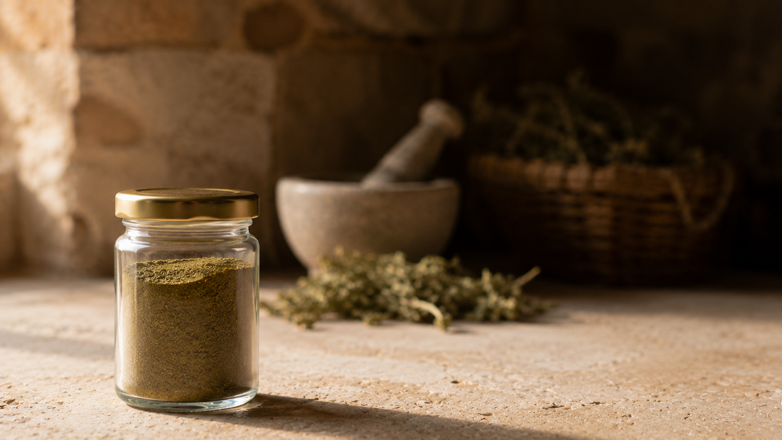 Sealed jar of botanical powder in sharp focus with a mortar, dried leaves and a stone-walled interior fading into blur and shadow behind it
