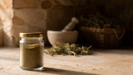 Sealed jar of botanical powder in sharp focus with a mortar, dried leaves and a stone-walled interior fading into blur and shadow behind it