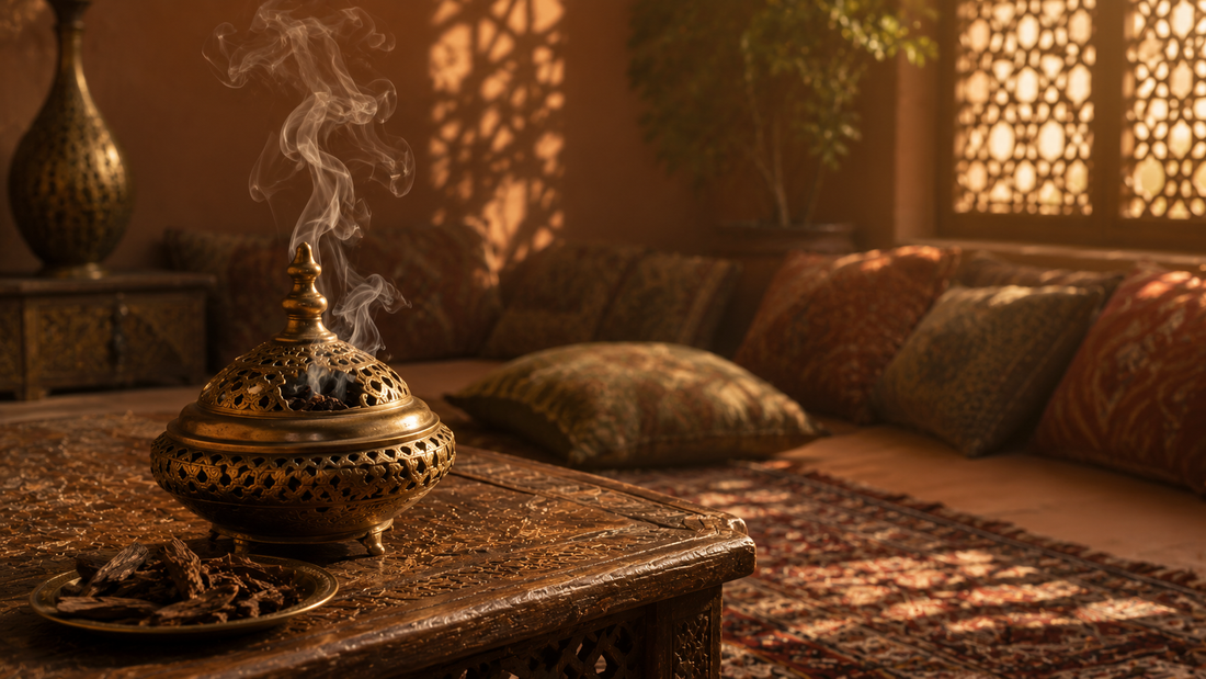 Brass bakhoor burner with rising smoke on a carved wooden table in a warmly lit majlis setting with floor cushions