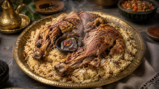 Yemeni mandi — tender lamb over smoky spiced rice on a large serving tray.