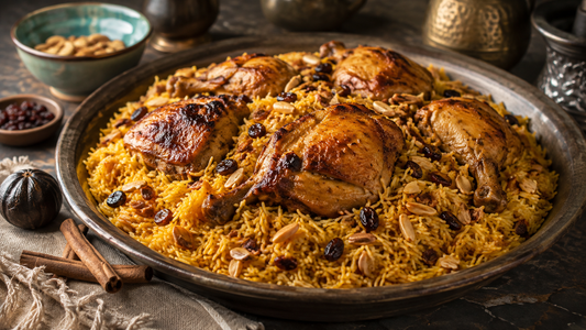 A platter of Gulf kabsa — spiced basmati rice with roasted chicken, almonds, and raisins.