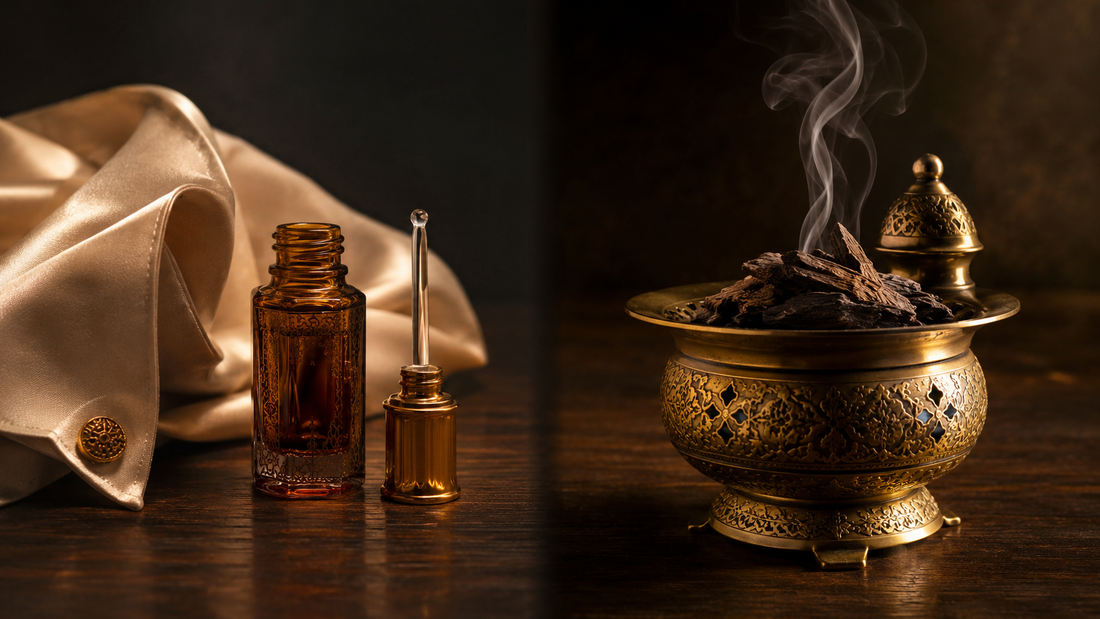 Oud perfume oil bottle with applicator beside an ornate brass bakhoor burner with oud chips and rising smoke