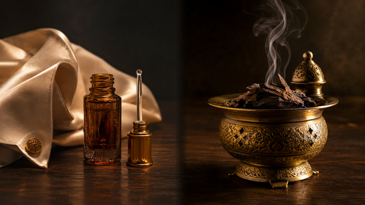 Oud perfume oil bottle with applicator beside an ornate brass bakhoor burner with oud chips and rising smoke