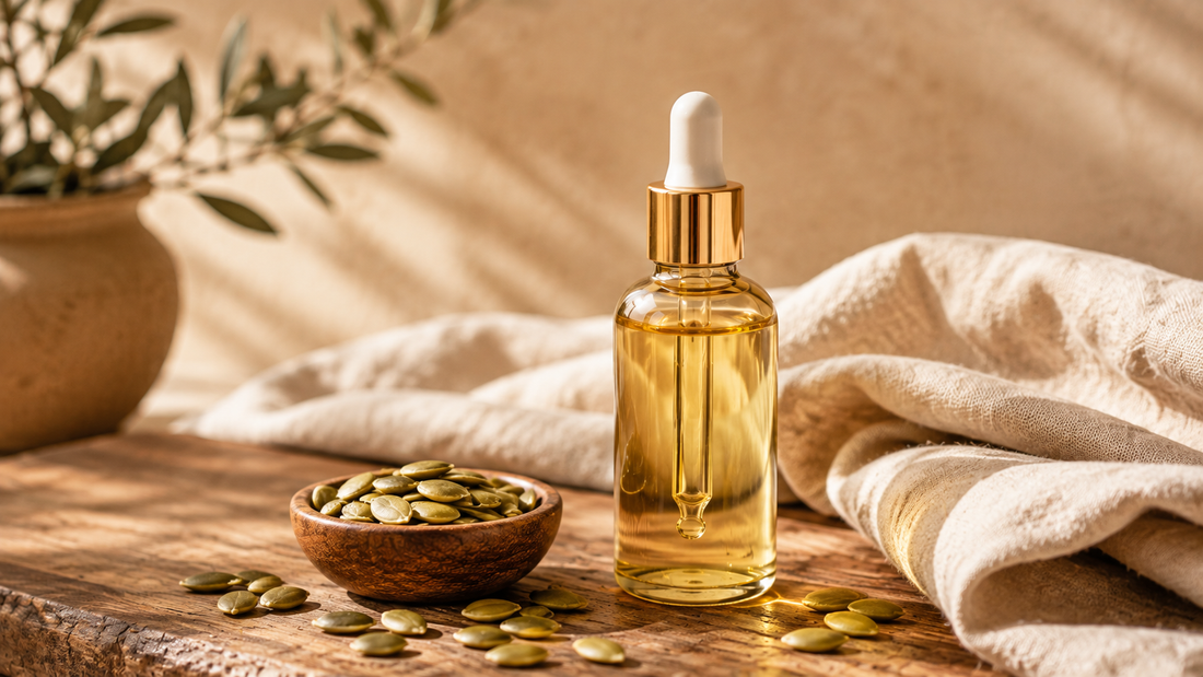 Light pumpkin seed oil bottle with a dropper beside scattered pumpkin seeds on warm wood