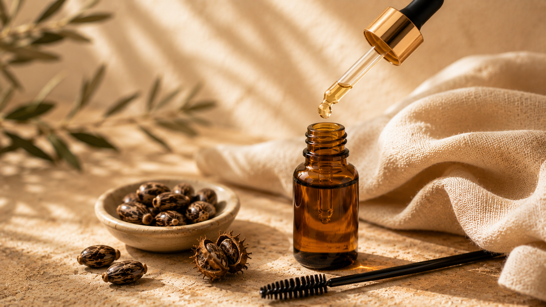 Small amber castor oil bottle with a dropper and a brow spoolie showing a thick glossy oil drop