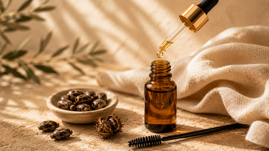 Small amber castor oil bottle with a dropper and a brow spoolie showing a thick glossy oil drop