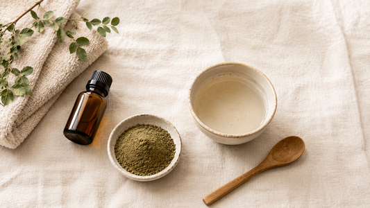 Simple beginner set of an amber oil bottle, herbal powder, ceramic mixing bowl and wooden spoon on cream linen