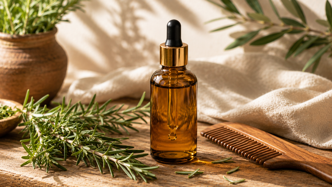 Amber rosemary hair oil bottle with a dropper beside fresh green rosemary sprigs and a comb