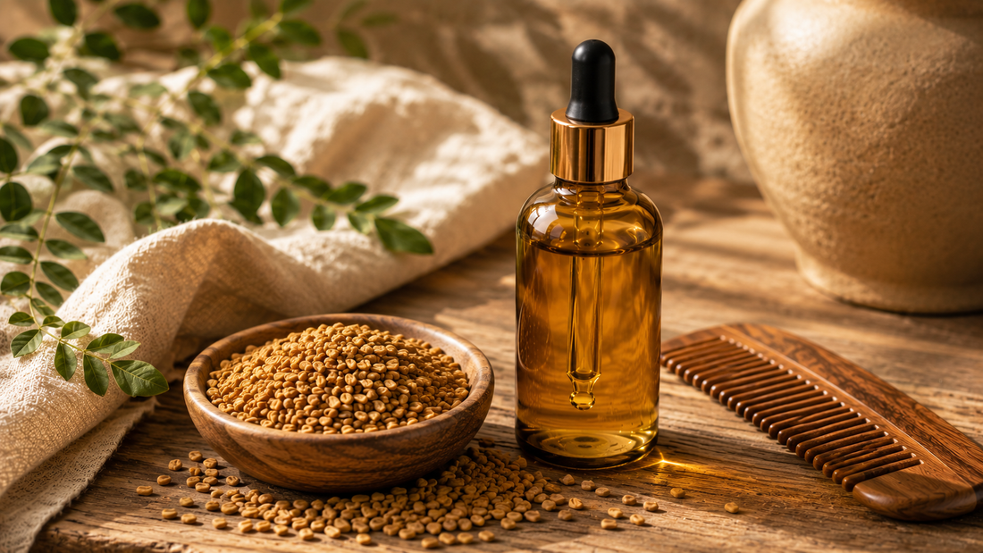 Amber fenugreek methi hair oil bottle with a dropper beside a bowl of golden fenugreek seeds