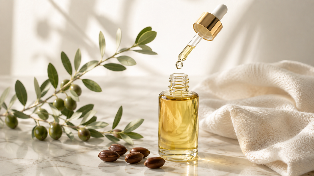 Light golden jojoba oil bottle with a glass dropper and a soft oil drop on pale marble