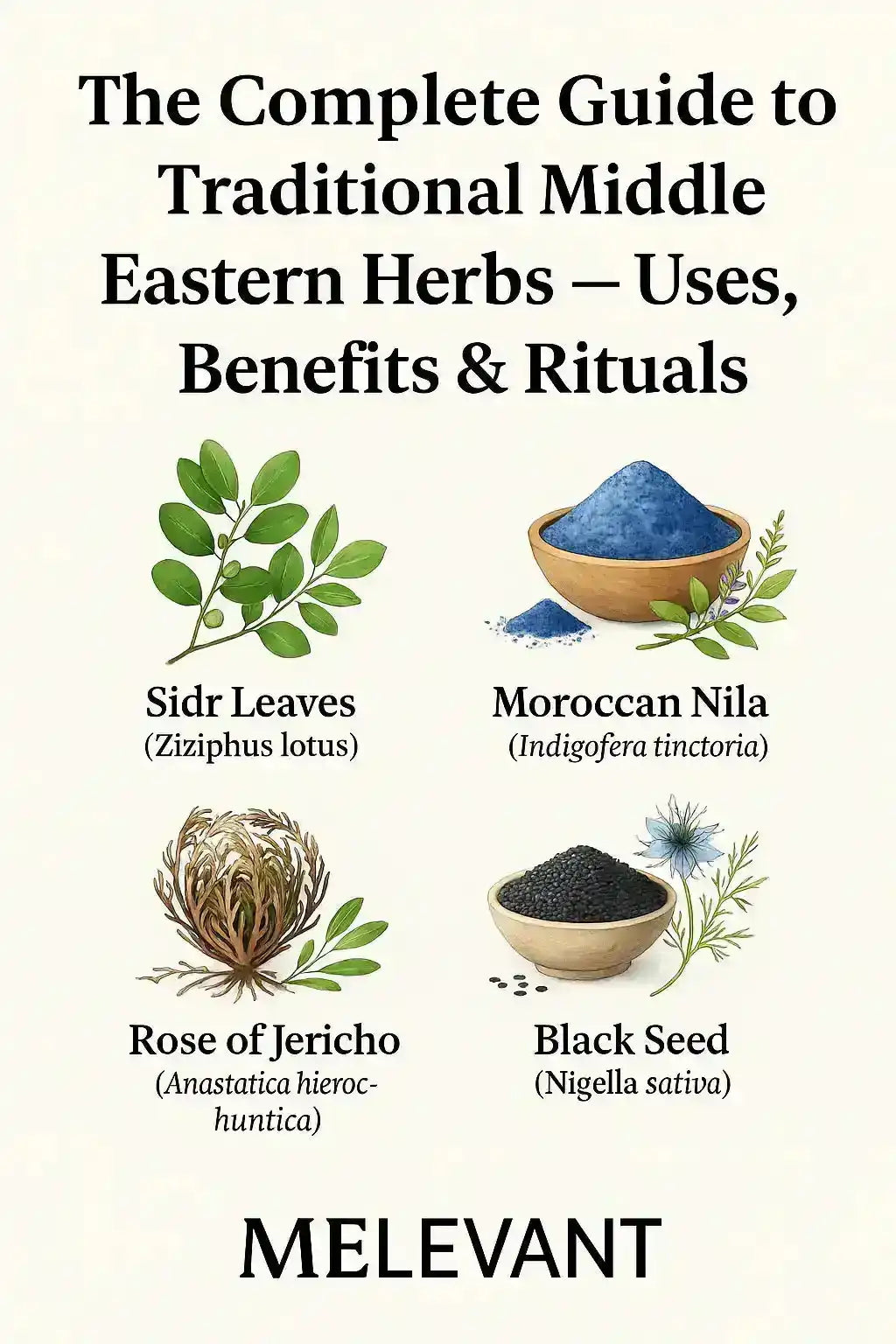 Illustrated guide to traditional Middle Eastern herbs including Sidr leaves, Moroccan nila, Rose of Jericho, and black seed