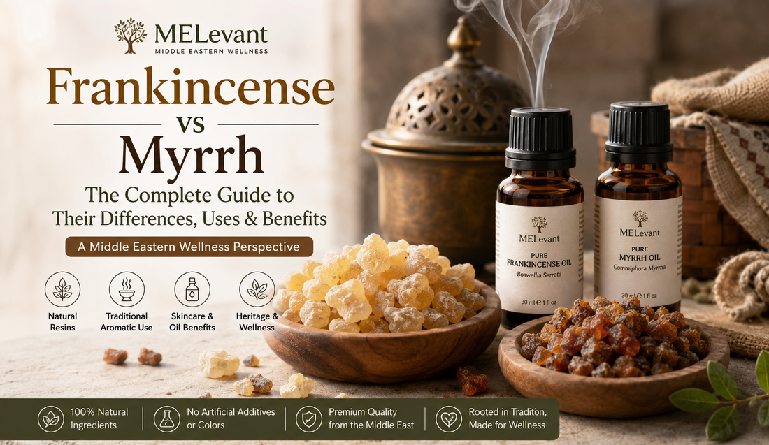 Frankincense vs Myrrh comparison with natural resins, essential oils, and Middle Eastern aromatic heritage by MELevant