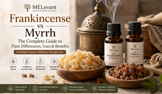 Frankincense vs Myrrh comparison with natural resins, essential oils, and Middle Eastern aromatic heritage by MELevant