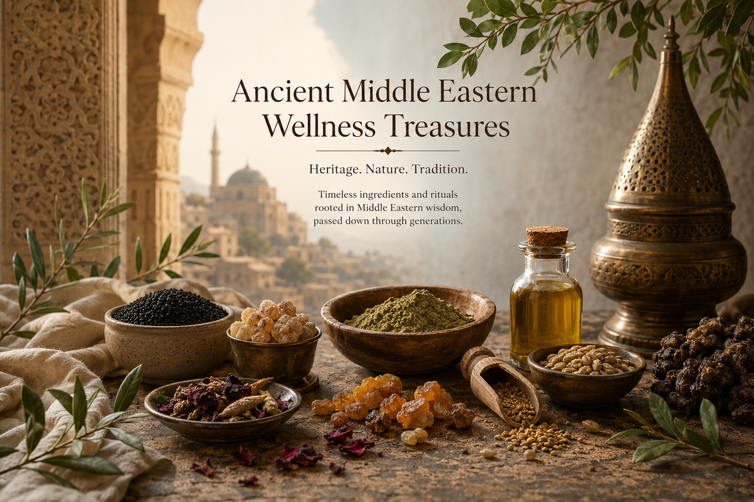 Ancient Middle Eastern wellness ingredients including herbs, oils, resins, seeds, and natural beauty products by MELevant