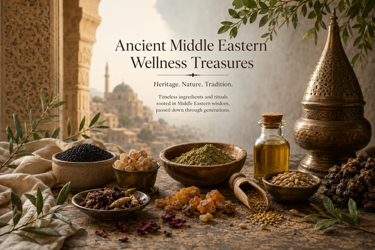 Ancient Middle Eastern wellness ingredients including herbs, oils, resins, seeds, and natural beauty products by MELevant