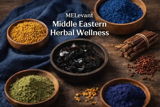 Bowls of colorful Middle Eastern herbs and spices on rustic wooden table with wellness text
