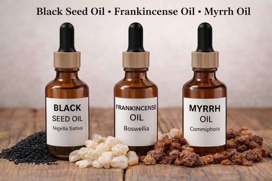 Black Seed Oil, Frankincense Oil and Myrrh Oil bottles with natural ingredients