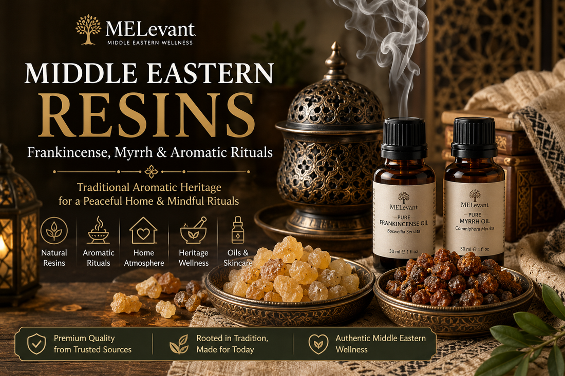 Middle Eastern resins with frankincense, myrrh, incense burner, oils, and traditional aromatic rituals by MELevant
