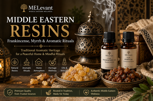 Middle Eastern resins with frankincense, myrrh, incense burner, oils, and traditional aromatic rituals by MELevant
