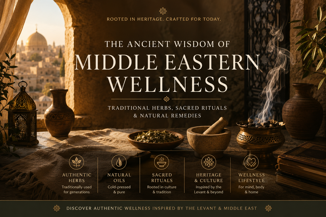 Traditional Middle Eastern wellness atmosphere featuring herbs, bakhoor, natural rituals, and Levant-inspired heritage aesthetics by MELevant