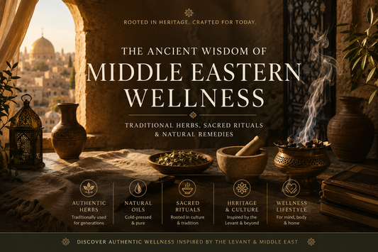 Traditional Middle Eastern wellness atmosphere featuring herbs, bakhoor, natural rituals, and Levant-inspired heritage aesthetics by MELevant