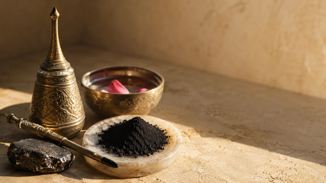 Traditional engraved brass kohl pot with mirwad applicator stick, finely ground ithmid powder on a stone dish, and raw ithmid stone in warm natural light