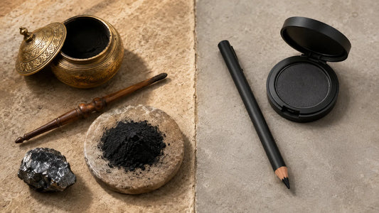 Side-by-side comparison of traditional ithmid kohl with brass pot, mirwad applicator and fine ground powder, next to a modern manufactured kohl pencil and pressed cake