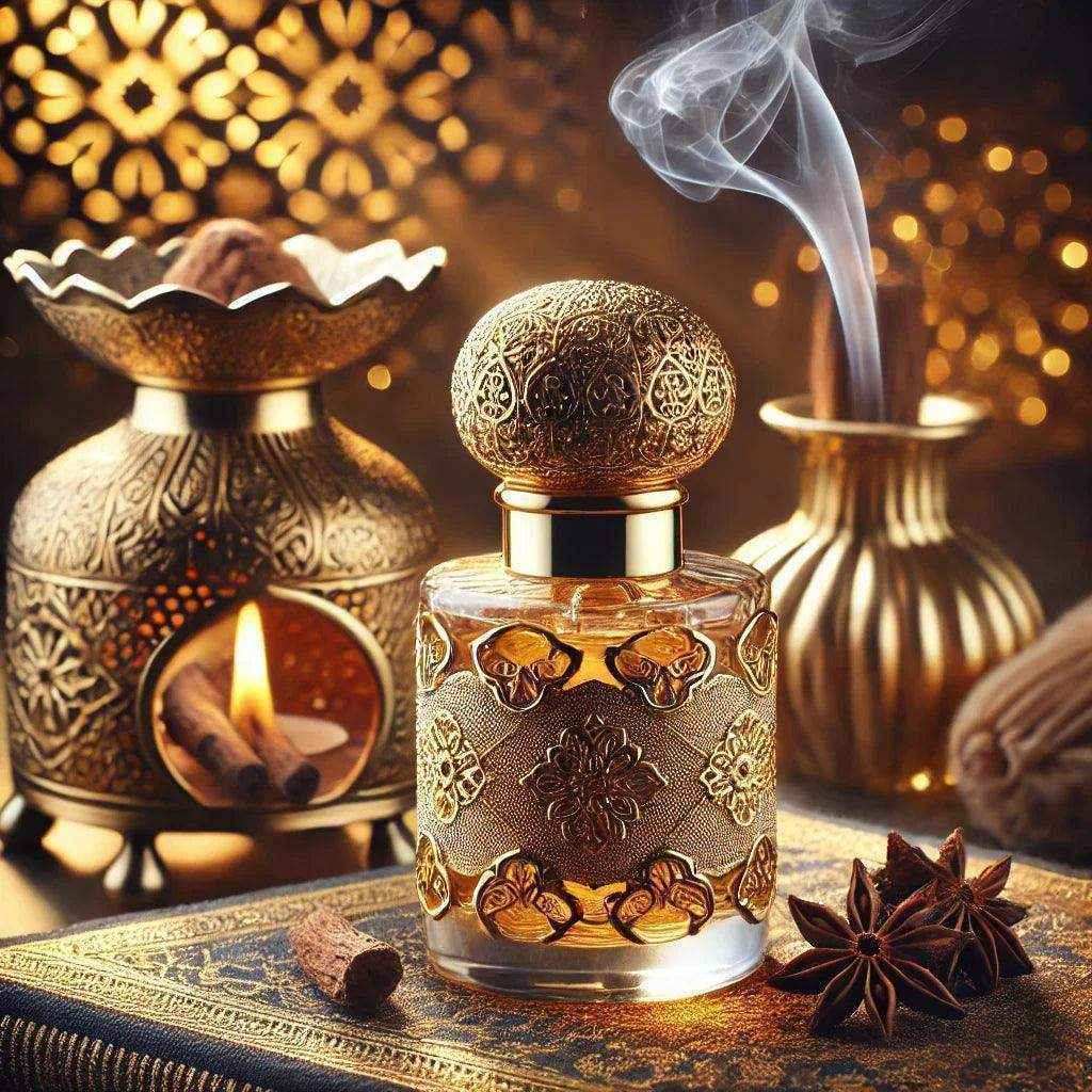Ornate Arabic perfume bottle with golden patterns, bakhour burner, spices, and incense smoke