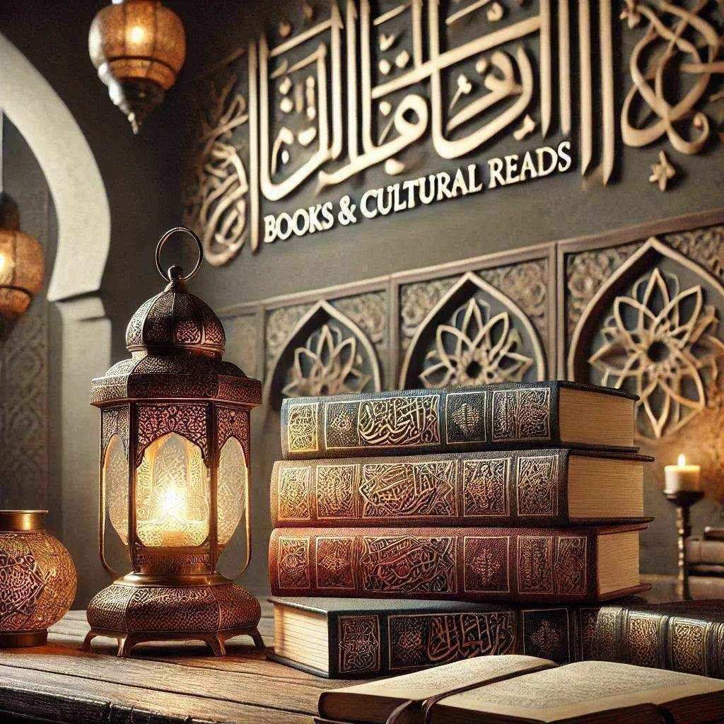 Stack of ornate books with Arabic script, lantern, and Books & Cultural Reads sign in a decorative room.