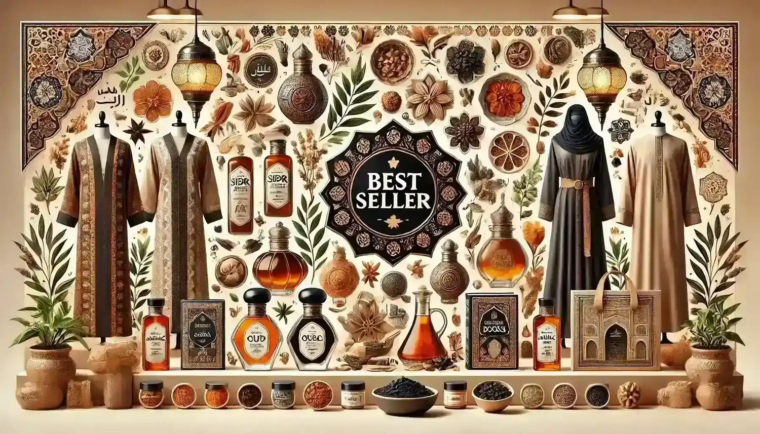 Arabic best seller display with abayas, perfumes, spices, honey, and traditional decor.