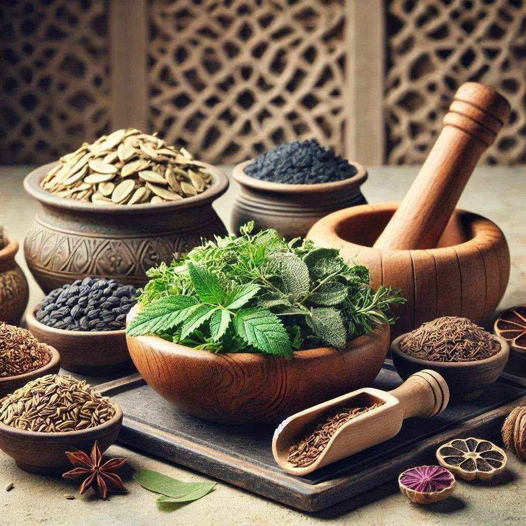 Assorted natural herbs and spices in wooden bowls with mortar and pestle, rustic setting