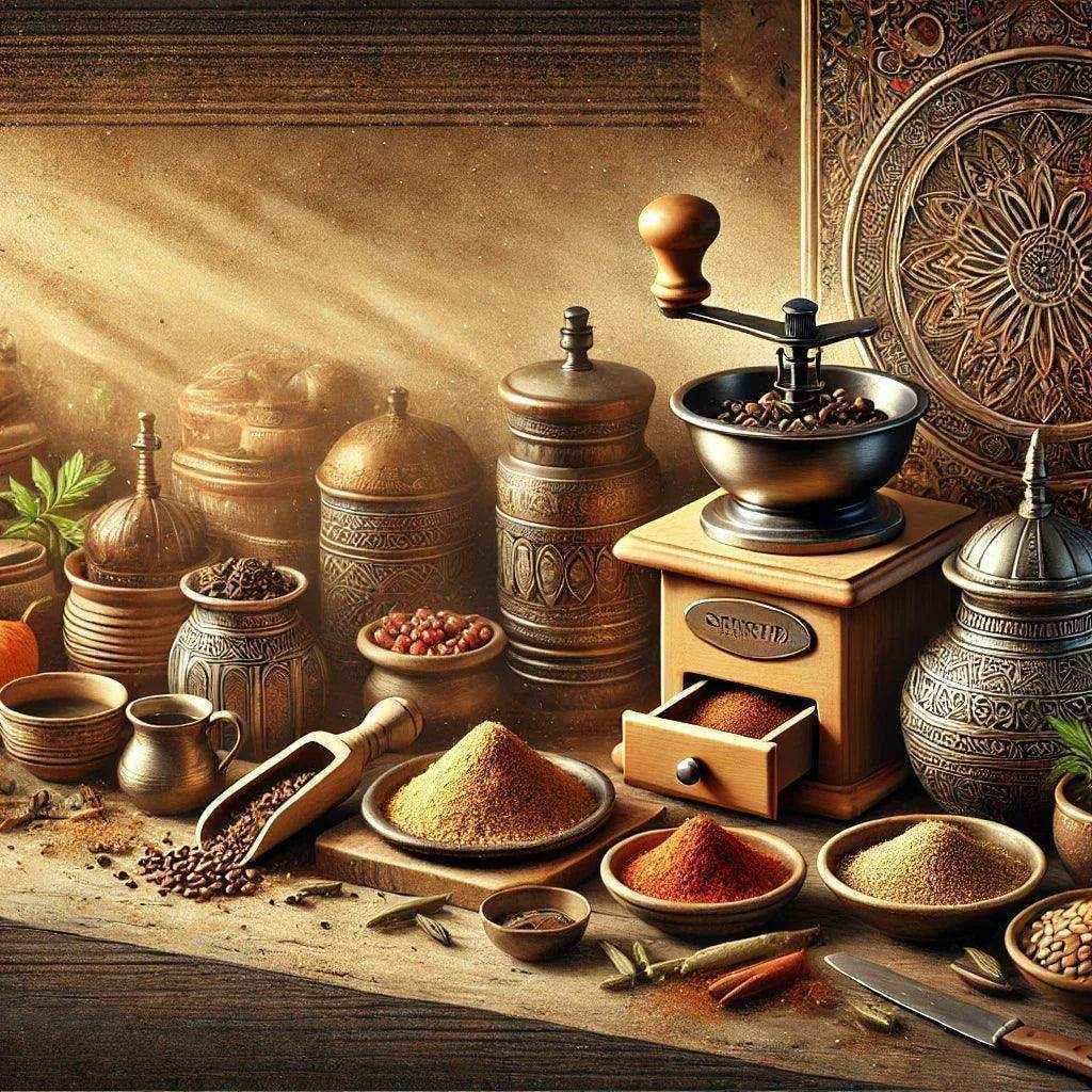 Traditional kitchen with antique spice jars, coffee grinder, and assorted spices on a wooden table.