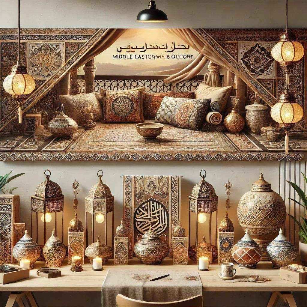 Middle Eastern home decor with patterned pillows, lanterns, pottery, and ornate textiles.
