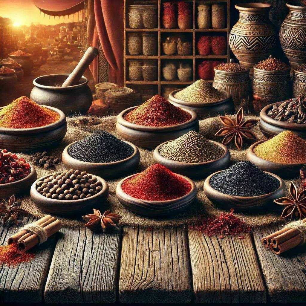 Assorted spices and seasonings in wooden bowls at a rustic market stall with pottery jars.