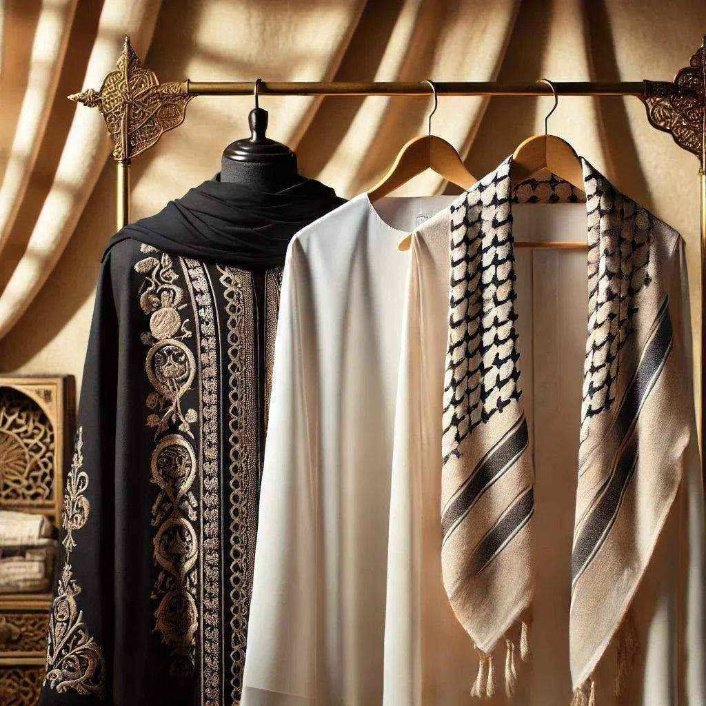 Traditional modest clothing display with black embroidered abaya and white thobe with keffiyeh scarf