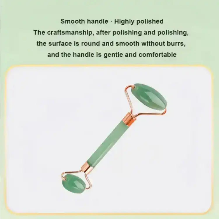 Green jade facial roller with gold handle on light background, skincare tool display
