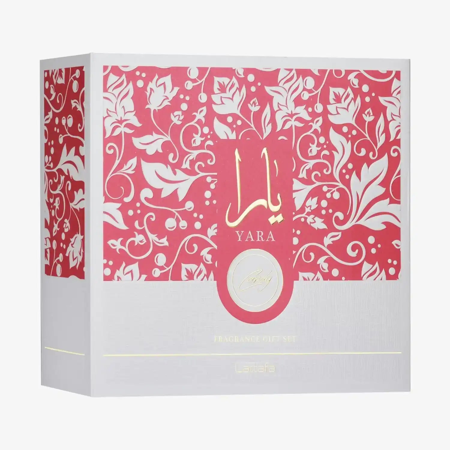Yara fragrance gift set box with pink floral design and Arabic script, by Lattafa.