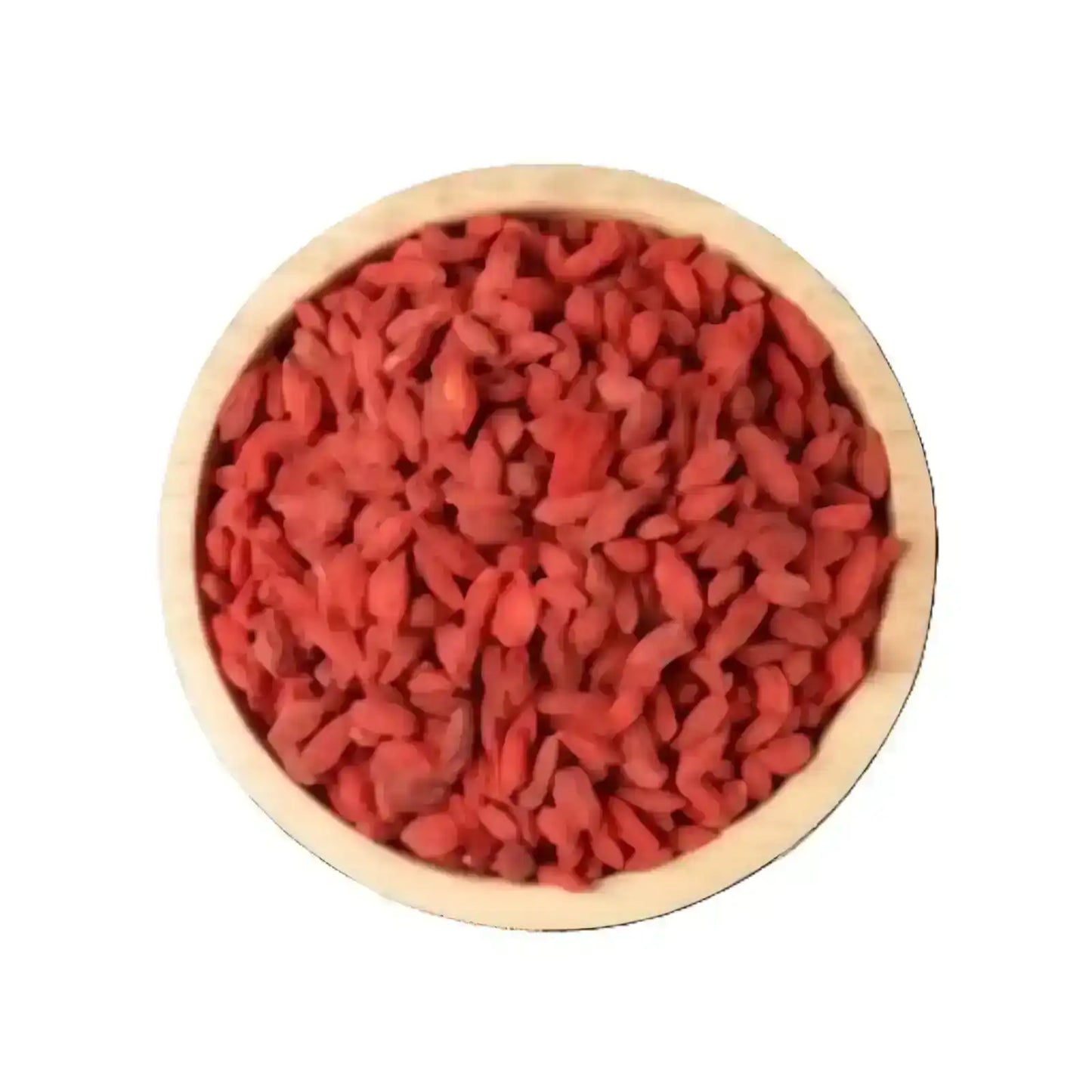 Wooden bowl filled with dried goji berries on a white background