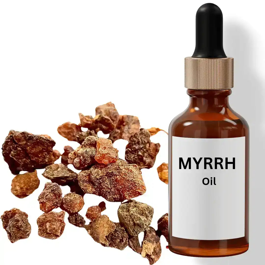 Myrrh oil dropper bottle with raw myrrh resin pieces on white background