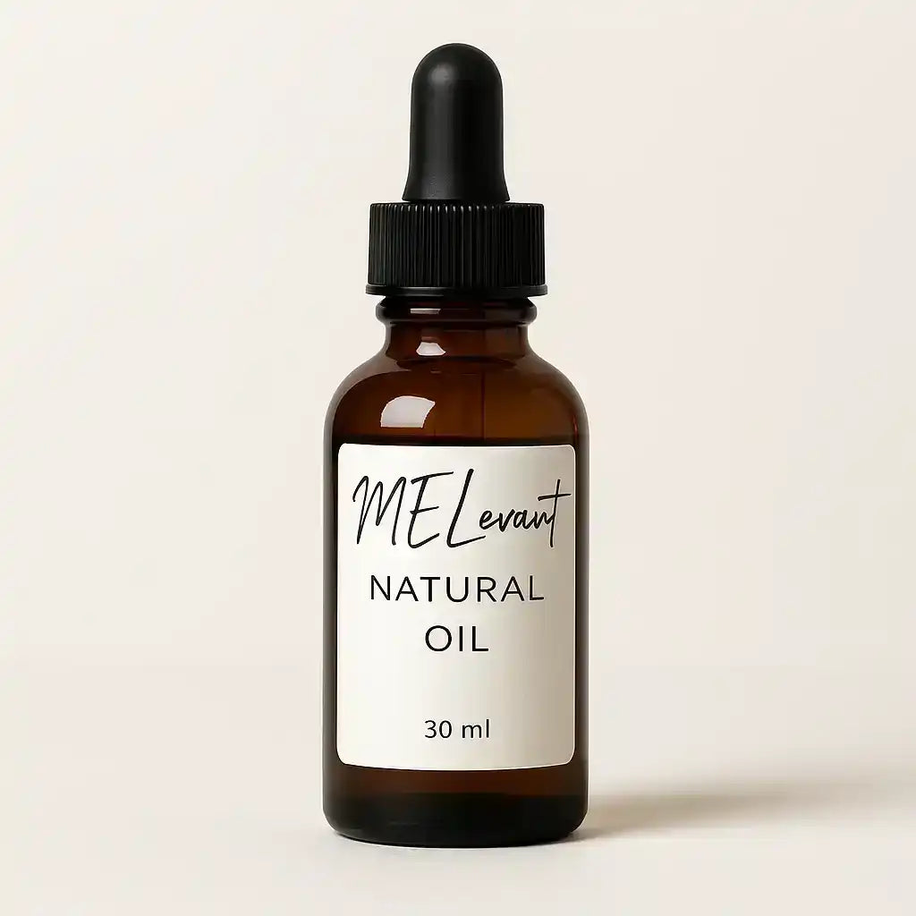 Amber glass dropper bottle labeled natural oil 30ml on light background