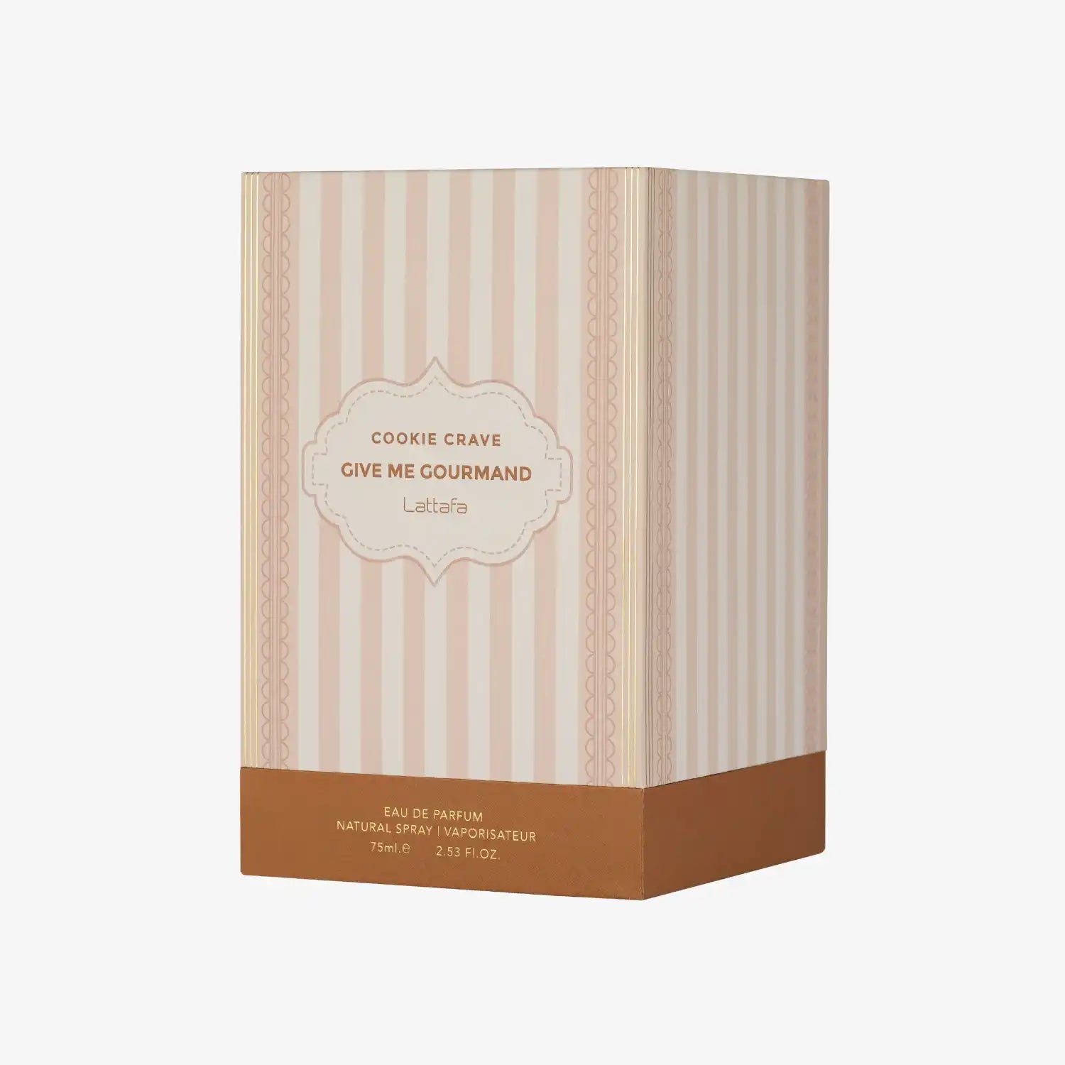 Lattafa Cookie Crave Give Me Gourmand perfume box with pink stripes and gold accents